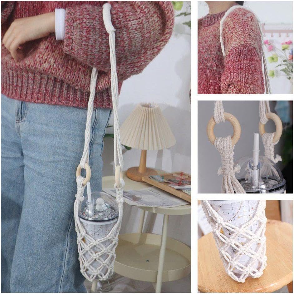 Hanging Water Bottle Net Bag Cotton Carrier with Hooks Portable Storage Holder for Wine Bottles DIY Accessories(white)