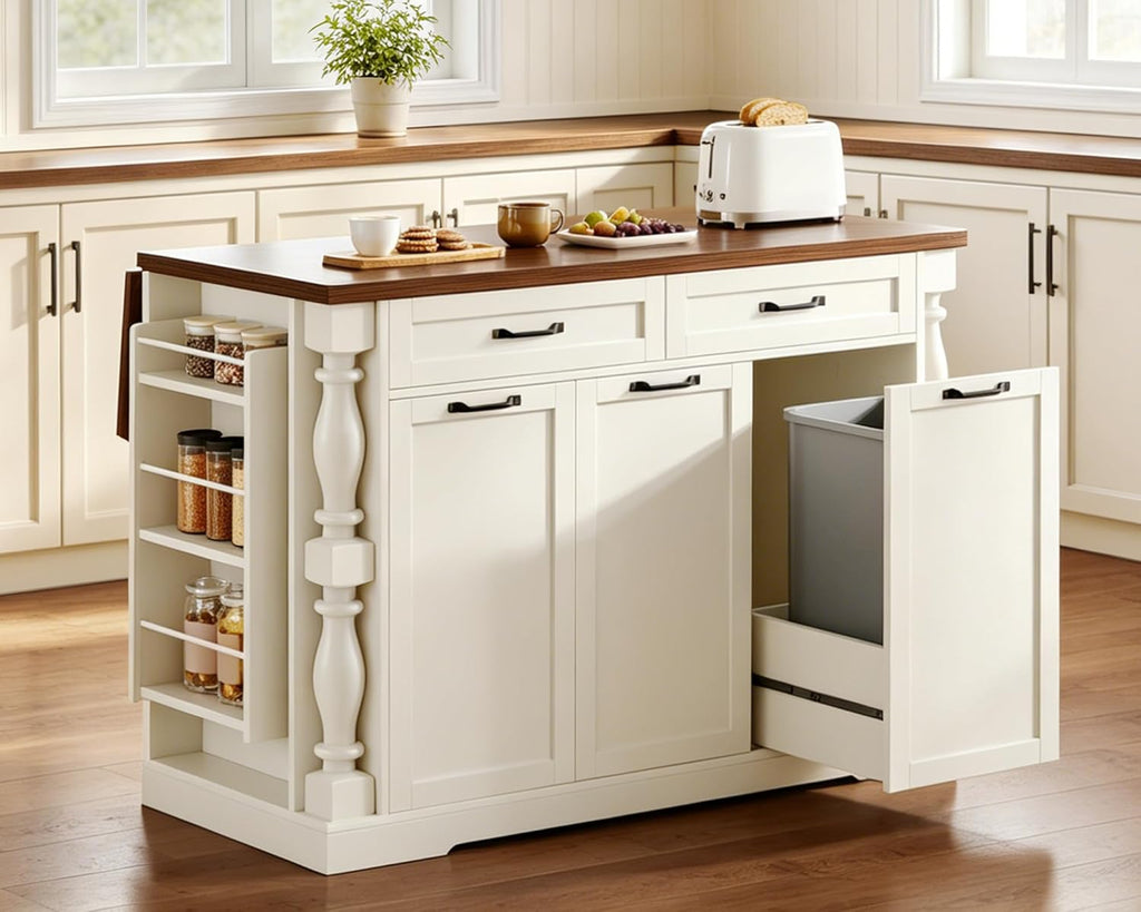 Kitchen Island with Power Outlet & Trash Cabinet, 47.6" Roman Style Rolling Kitchen Island with Drop Leaf Tabletop 11.8", Kitchen Cart with Spice Rack & Drawers & Cabinets Coffee Bar Station