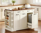 Kitchen Island with Power Outlet & Trash Cabinet, 47.6" Roman Style Rolling Kitchen Island with Drop Leaf Tabletop 11.8", Kitchen Cart with Spice Rack & Drawers & Cabinets Coffee Bar Station