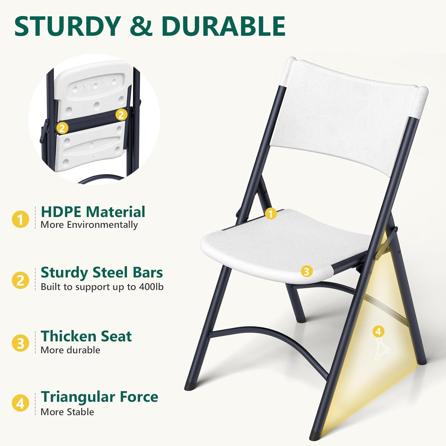 Folding Chairs 4 Pack, Outdoor Portable Foldable Chair with Steel Frame, 500lbs Capacity Heavy Duty Metal White Plastic Folding Chairs for Patio, Picnic, Kitchen, Dining