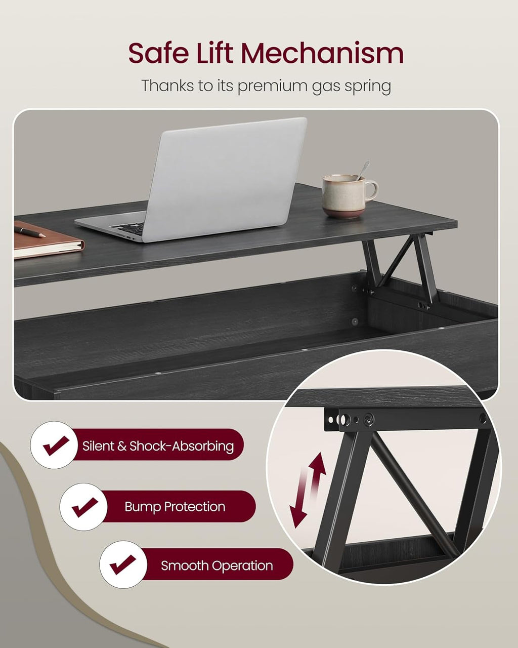 VASAGLE Lift Top Coffee Table, Lift Tabletop Dining Table, Gas Spring, Hidden Compartment, Open Storage Shelf, for Living Room, Home Office, Charcoal Gray ULCT268BA01S