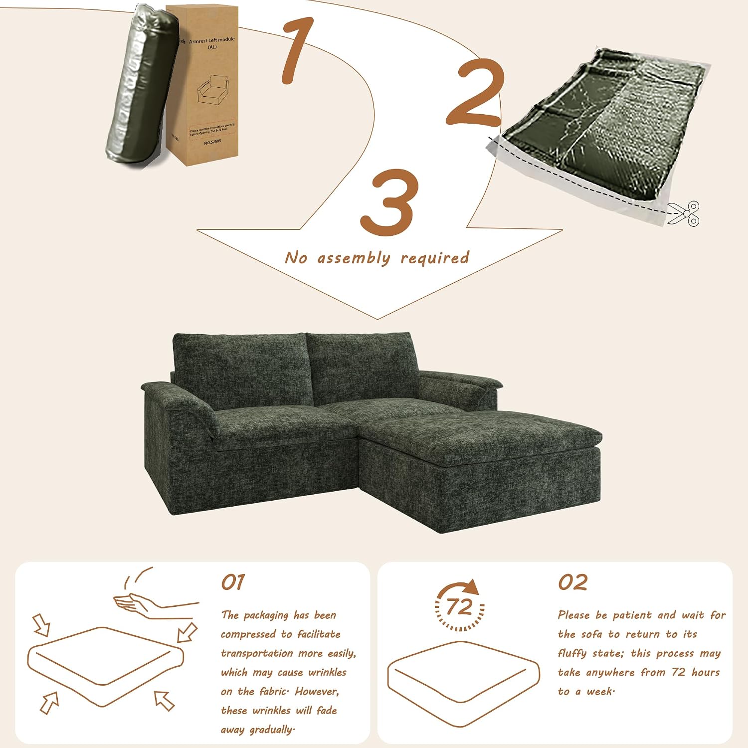 EASE MOOSE Modular Boneless Couch for Living Room, Modern Chenille Loveseat with Ottoman, Deep Seat Cloud Sectional Sofas for Small Spaces No Assembly, Green