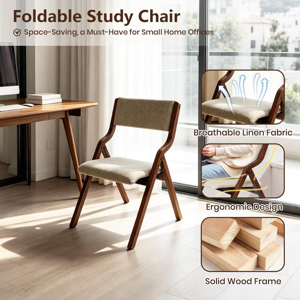 CangLong Foldable Chair Set of 2, Walnut+Light Coffee | Padded Fabric Chairs with Solid Wood Frame, Stackable and Assembled, for Guests Kitchen Office Wedding Party