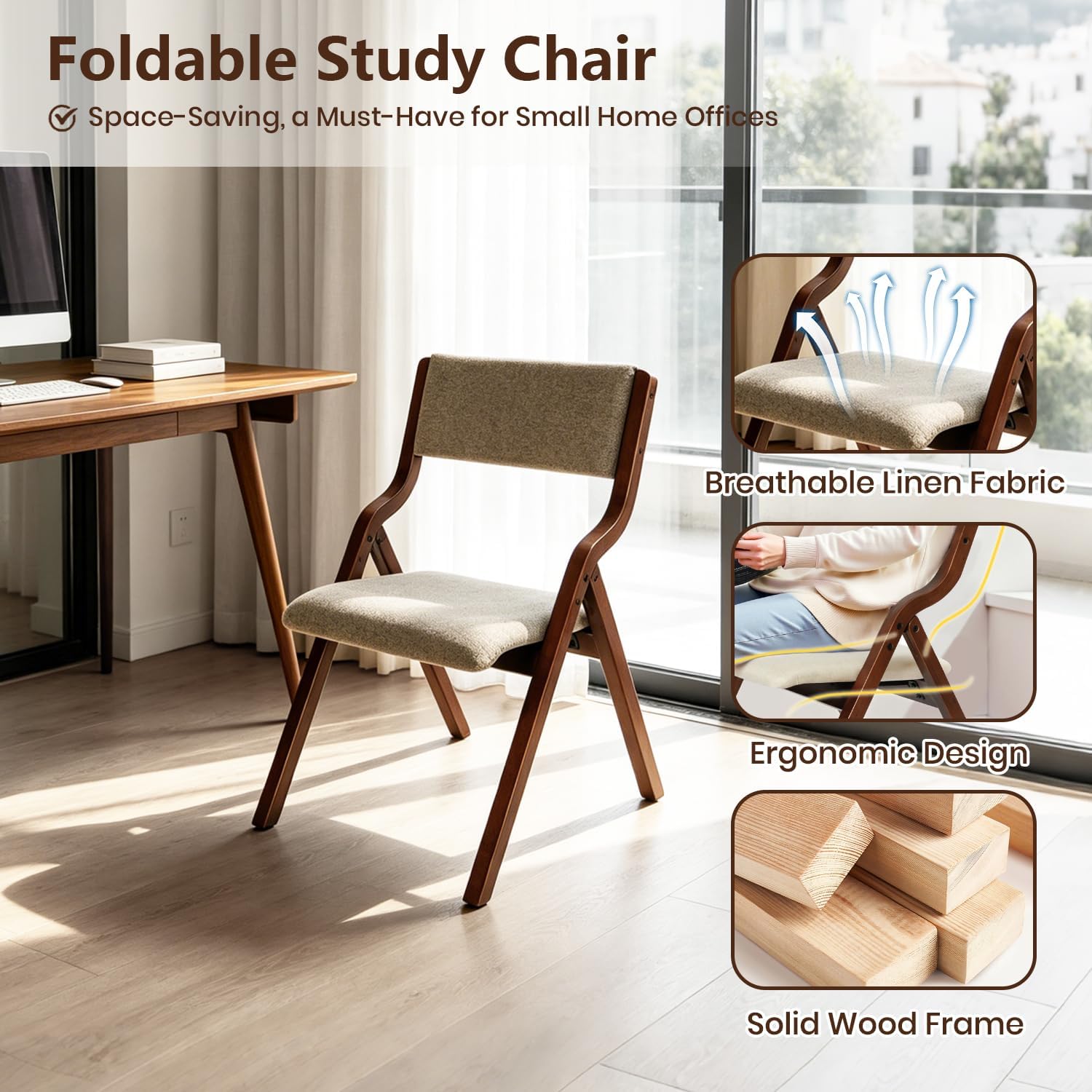 CangLong Foldable Chair Set of 2, Walnut+Light Coffee | Padded Fabric Chairs with Solid Wood Frame, Stackable and Assembled, for Guests Kitchen Office Wedding Party