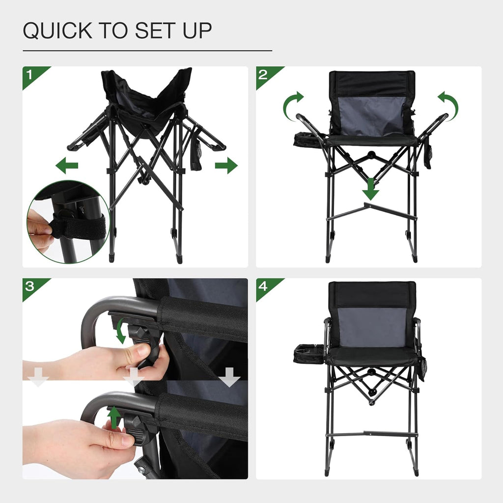 Portable 29" Seat Height Tall Folding Camping Chair High Foldable Directors Chair Bar Height Stool with Side Table and Storage Bag for Makeup Artist, Lawn,Craft Show,Supports 350LBS Black