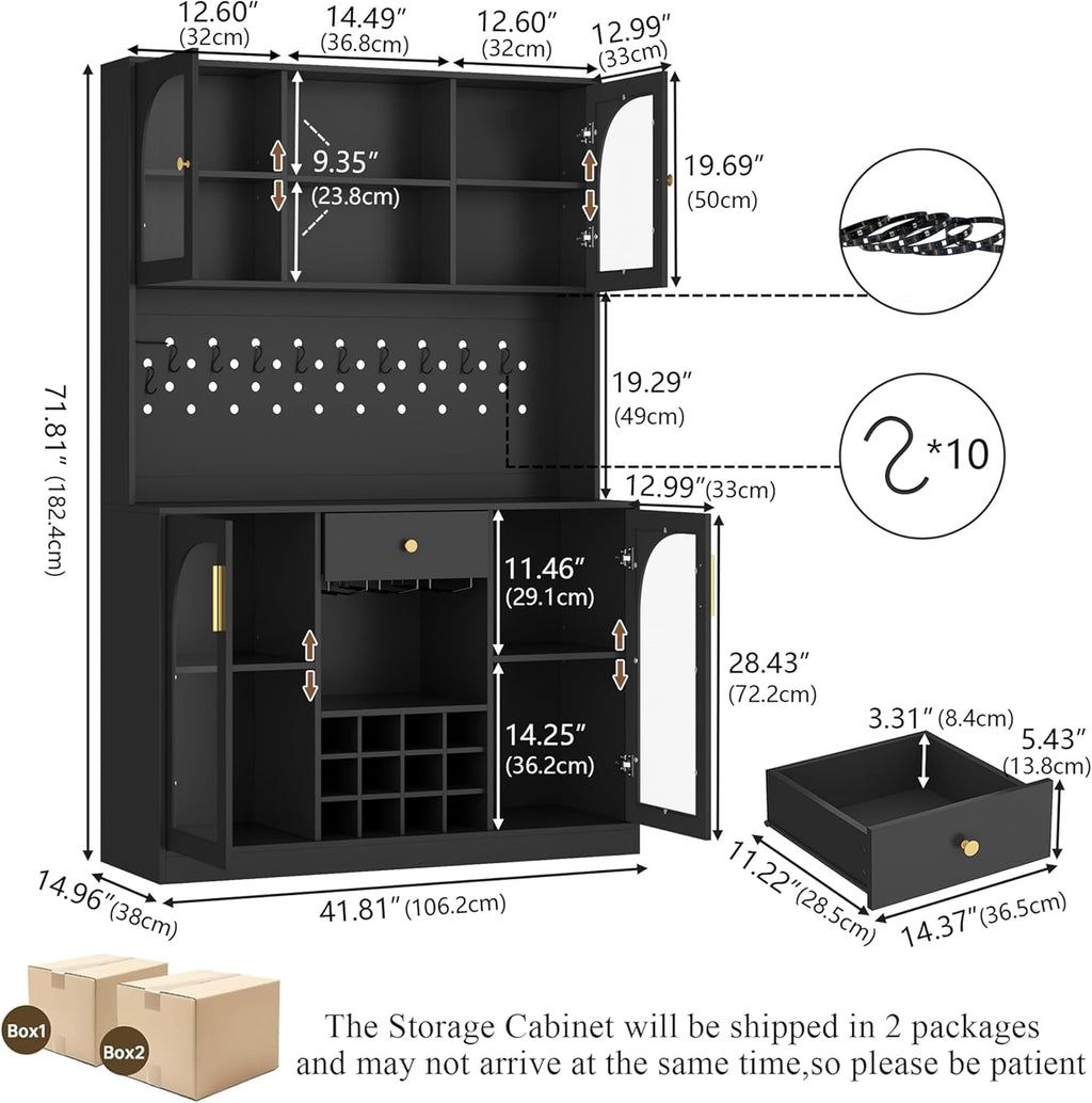 72'' Tall Kitchen Pantry Storage Cabinet with Led Light - Black Pantry Cabinet with Storage Drawers & Pegboard, Kitchen Hutches Cabinets with Wine Racks & Glass Door, Wine Bar Cabinet for Living Room