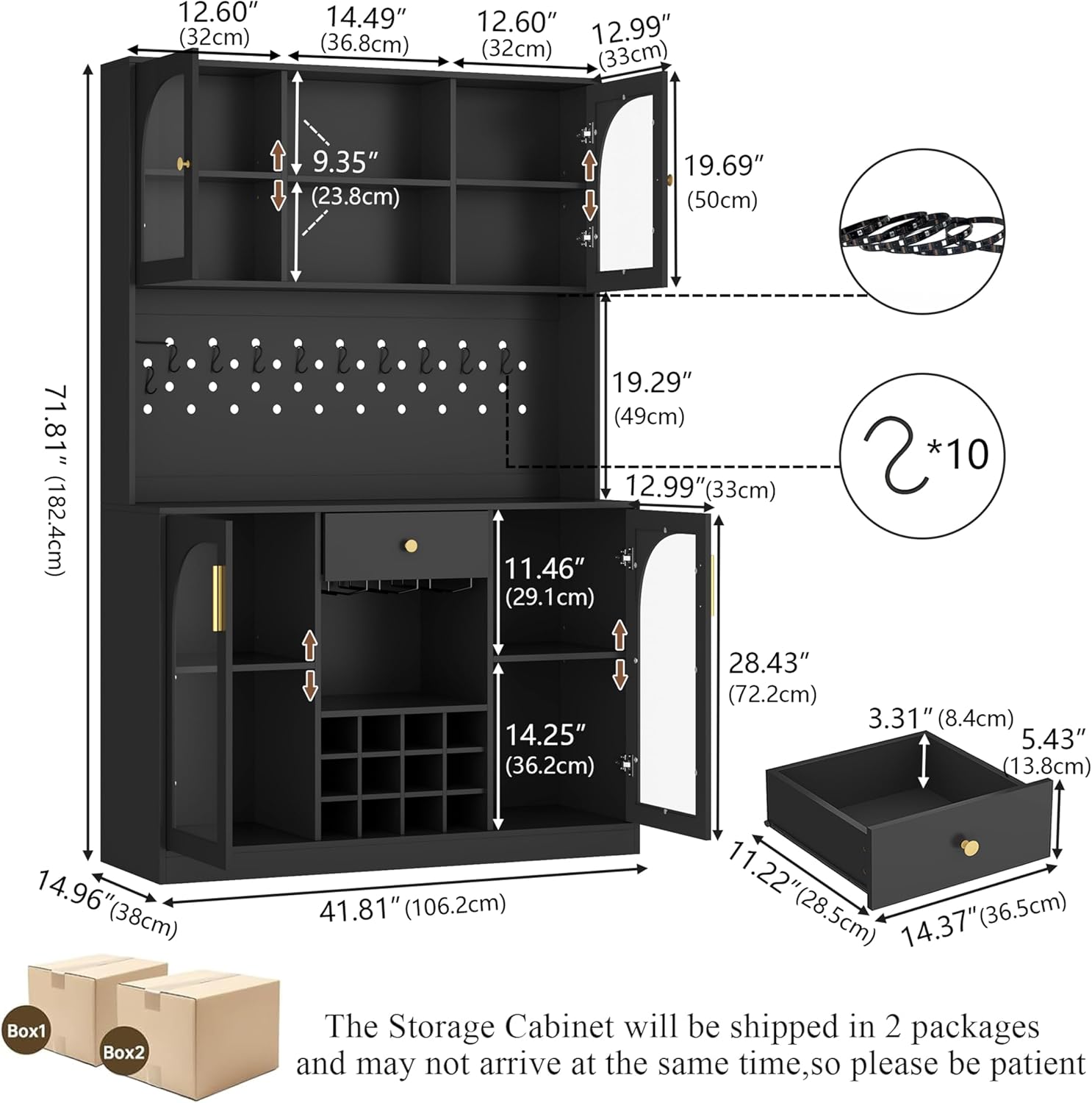 72'' Large Kitchen Pantry Cabinet with LED Light, Black Kitchen Hutch with Pegboard & Wine Racks, Modern Pantry Cupboard with Countertop & Storage Drawers, Tall Bar Cabinet for Dining Room, Home