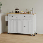 Kitchen Islands with Storage, Kitchen Island on Wheels with Extendable Dining Table and Power Outlet, Rolling Island Cart with Trash Cabinet, Spice Rack & Towel Rack, White