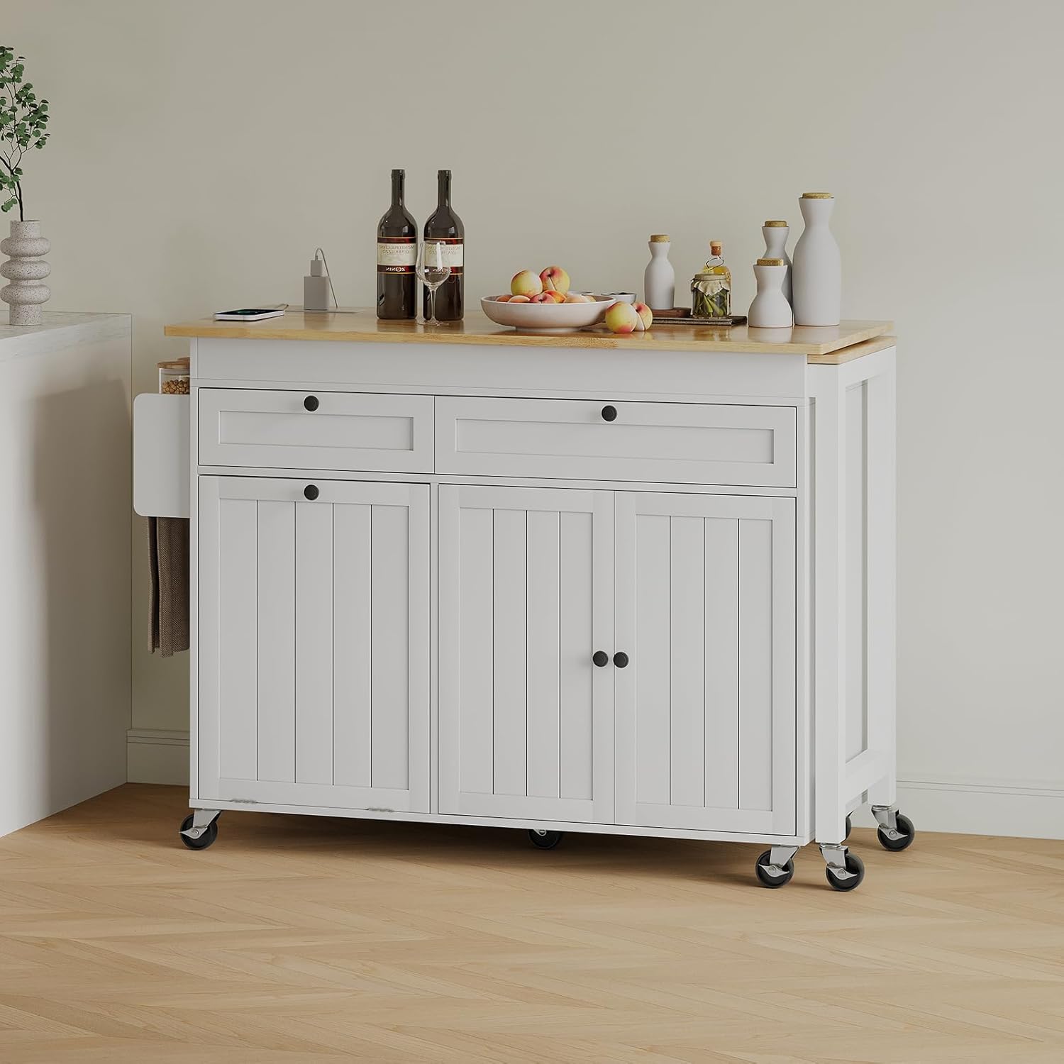 Kitchen Islands with Storage, Kitchen Island on Wheels with Extendable Dining Table and Power Outlet, Rolling Island Cart with Trash Cabinet, Spice Rack & Towel Rack, White