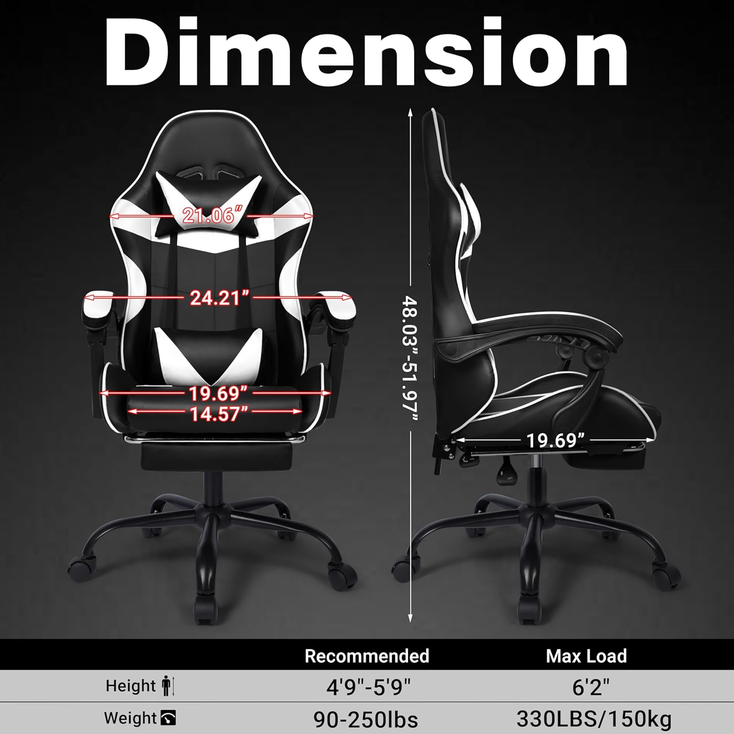 Xcity Gaming Chair, Height Adjustable Desk Chair with 90°-155° Reclining Backrest & Footrest,Ergonomic Computer Chair Supports Up to 330 lbs for Gamer, Office and Home (Black & White)