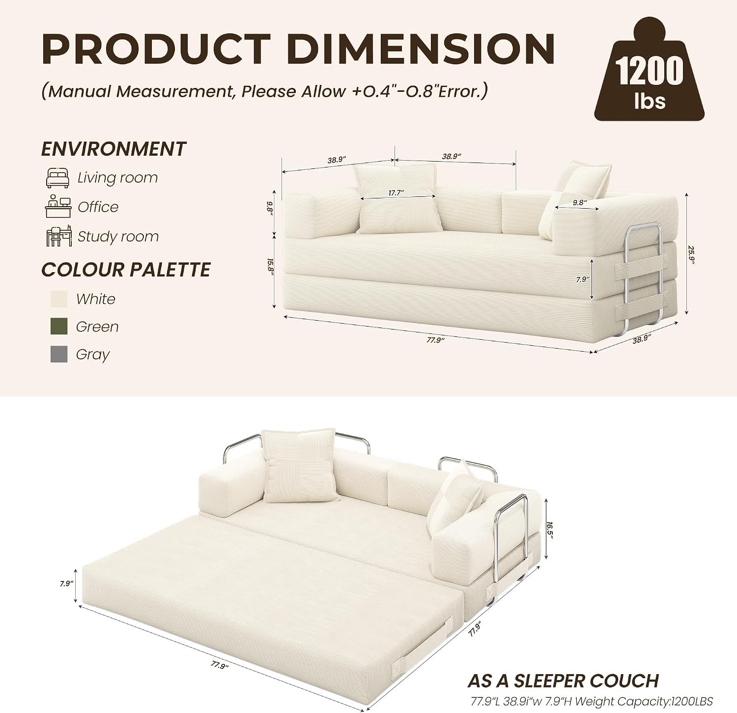 GRUSIGN 78 Inch Convertible Sofa Bed, 5-in-1 Futon Sofa Bed Pull Out Couch, Boneless Couch Bed for Living Room, Corduroy Boneless Couches for Bedroom, Apartment, No Assembly Sleeper Sofa Bed, Beige