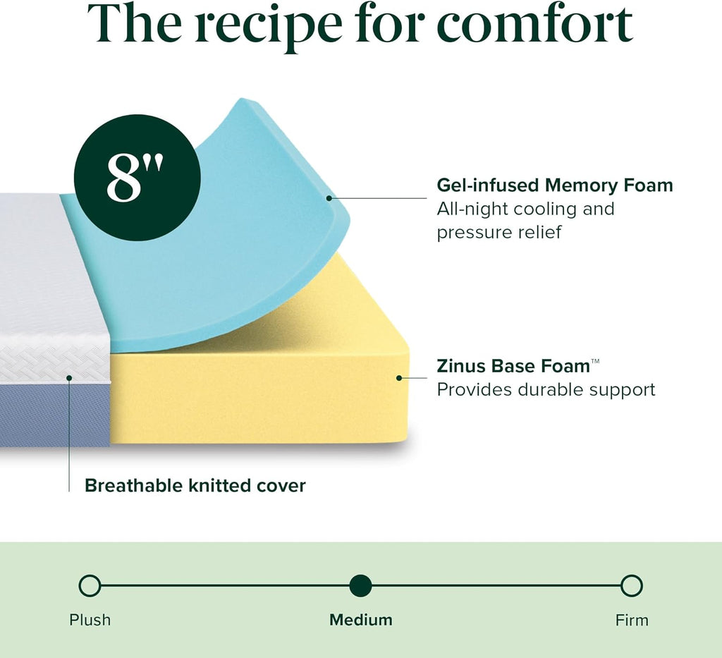 Zinus 8-Inch Twin Cooling Essential Memory Foam Mattress, White, Medium Feel, Fiberglass Free, Certified Safe Materials