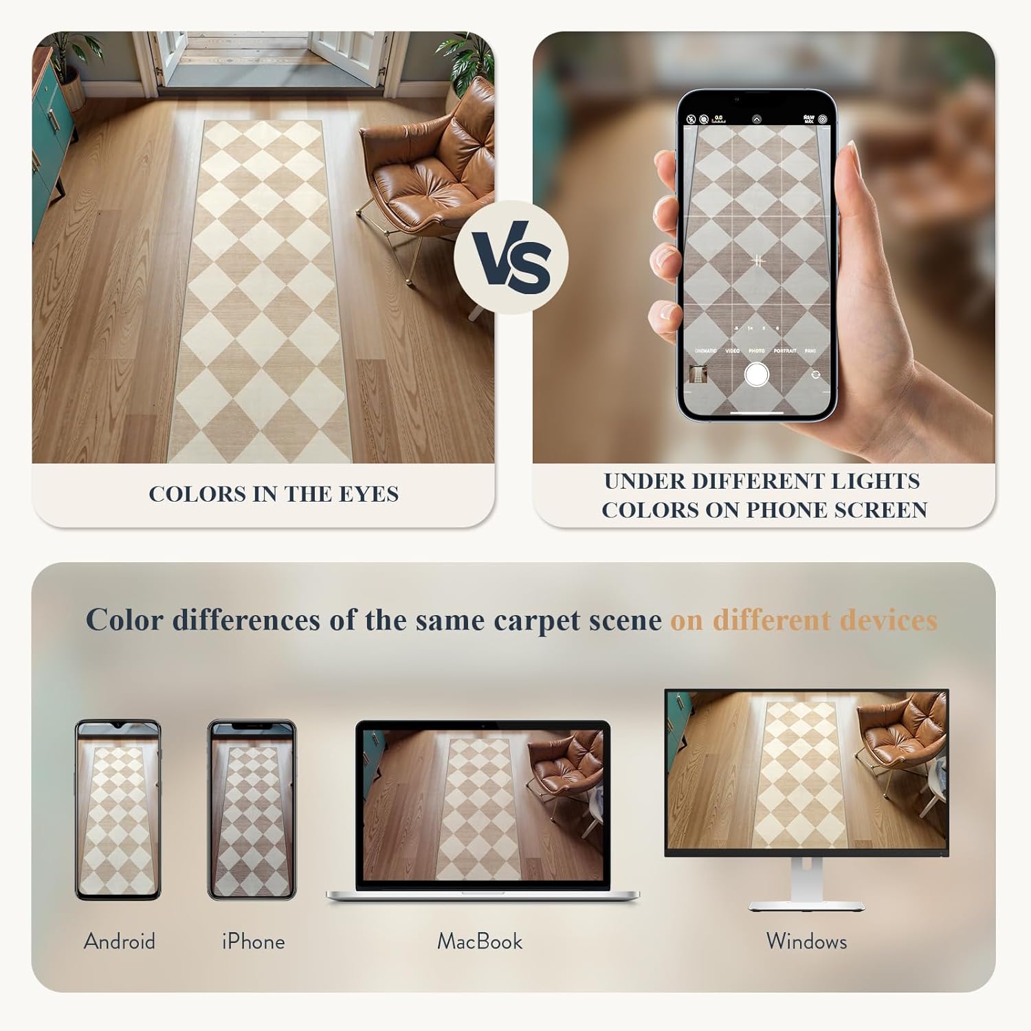 Beeiva Checkered Print Carpet Runners for Hallway 6ft, Beige Ultra Thin Washable Kitchen Runner Rug Non Slip, Moroccan Plaid Checkerboard Decor Faux Wool 2x6 Rug for Bedroom Bathroom Entryway