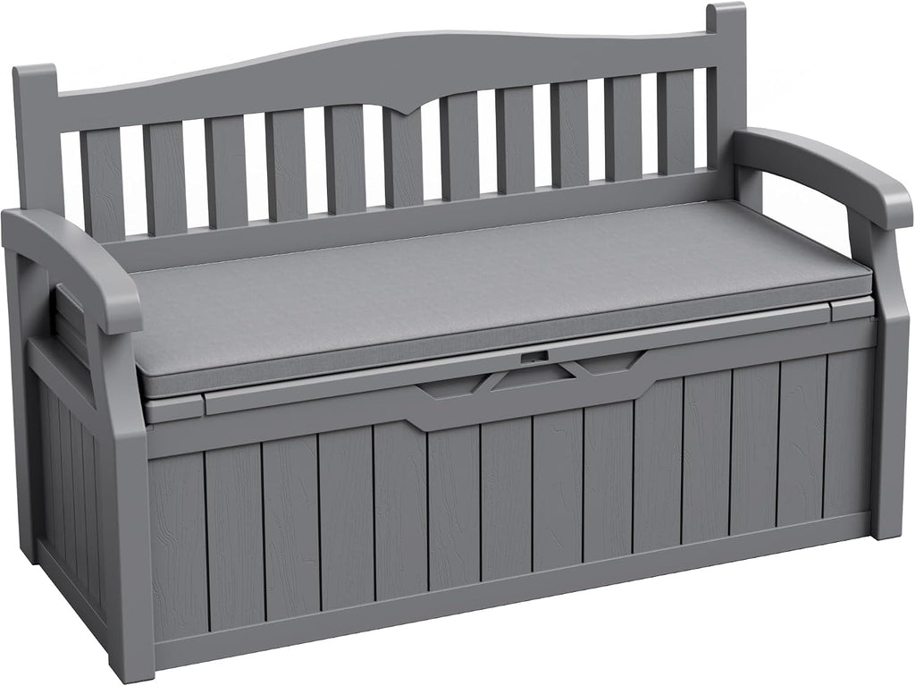JUMMICO 80 Gallon Resin Outdoor Storage Bench with Cushion, Large Deck Box with Armrest, Lockable&Waterproof for Garden, Home, Patio, Pools (Grey, 80 Gallon)
