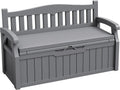 JUMMICO 80 Gallon Resin Outdoor Storage Bench with Cushion, Large Deck Box with Armrest, Lockable&Waterproof for Garden, Home, Patio, Pools (Grey, 80 Gallon)