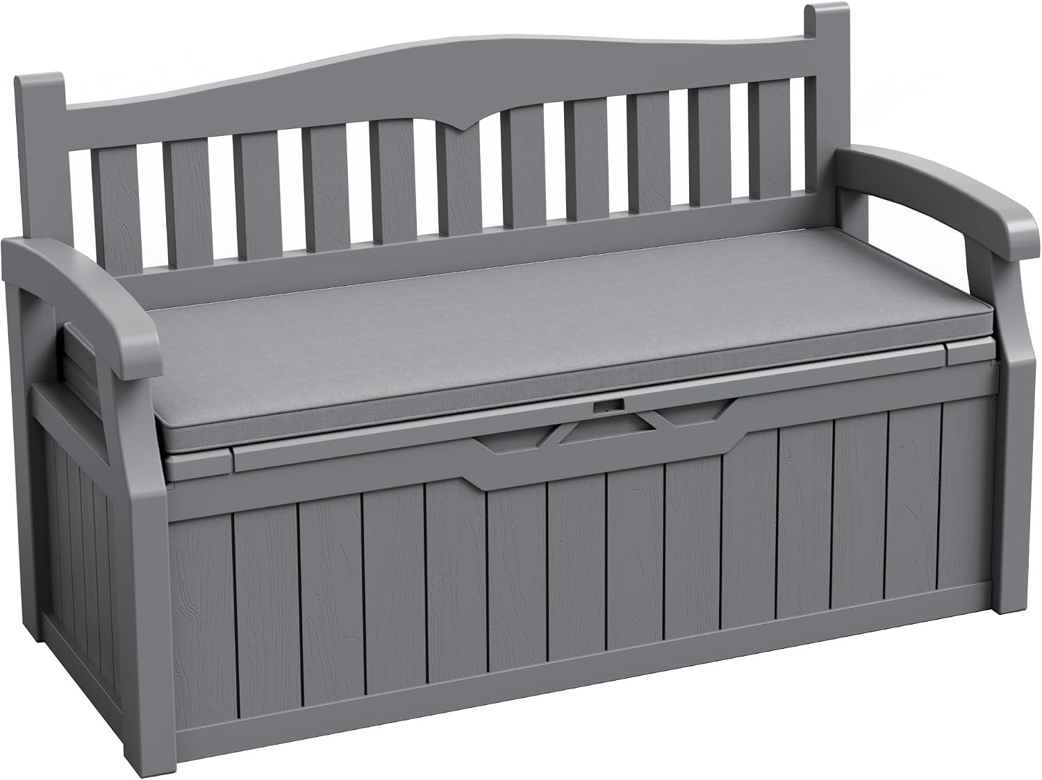 JUMMICO 80 Gallon Resin Outdoor Storage Bench with Cushion, Large Deck Box with Armrest, Lockable&Waterproof for Garden, Home, Patio, Pools (Grey, 80 Gallon)