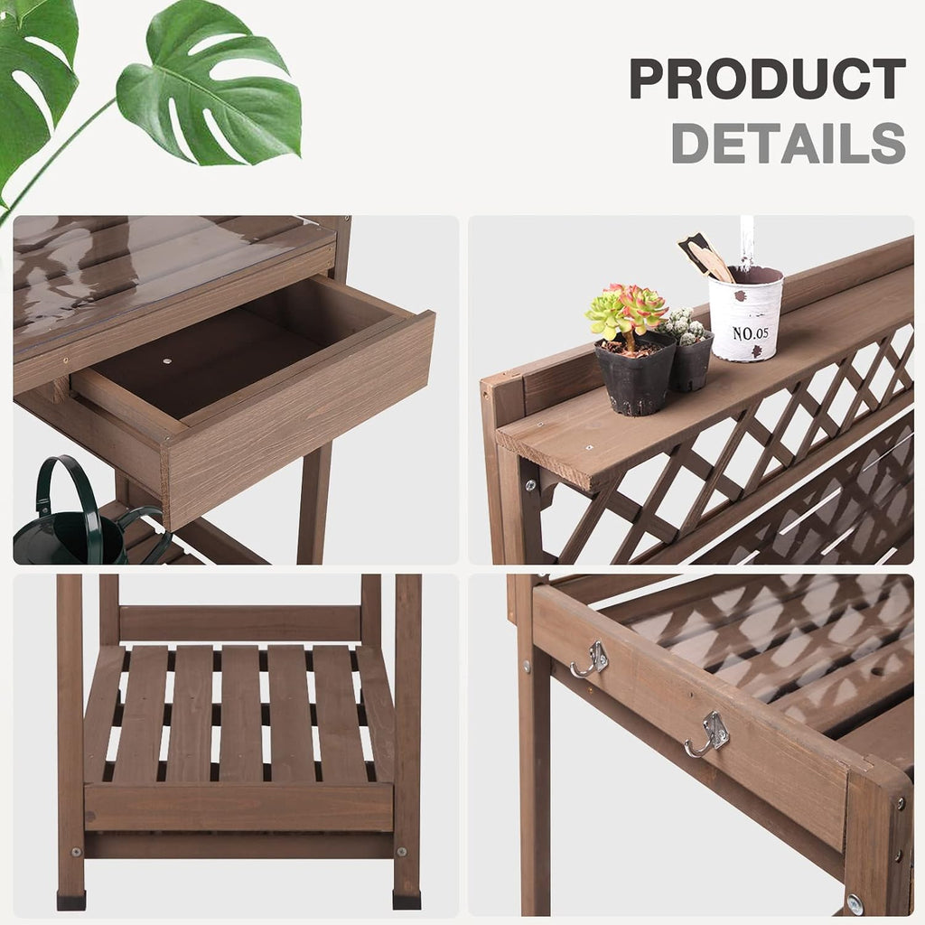 Potting Bench Potting Table Potting Benches for Outside 44 Inch Fir Wood Garden Potting Station Garden Table PVC Layer Storage Shelf Sink Drawer Hooks