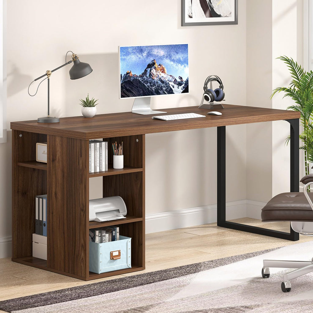 EXCEFUR Home Office Desk with Storage, Modern Computer Desk with Reversible Shelves, Gaming Study Writing Table Workstations for Living Room Bedroom, 53 Inch, Rustic Walnut
