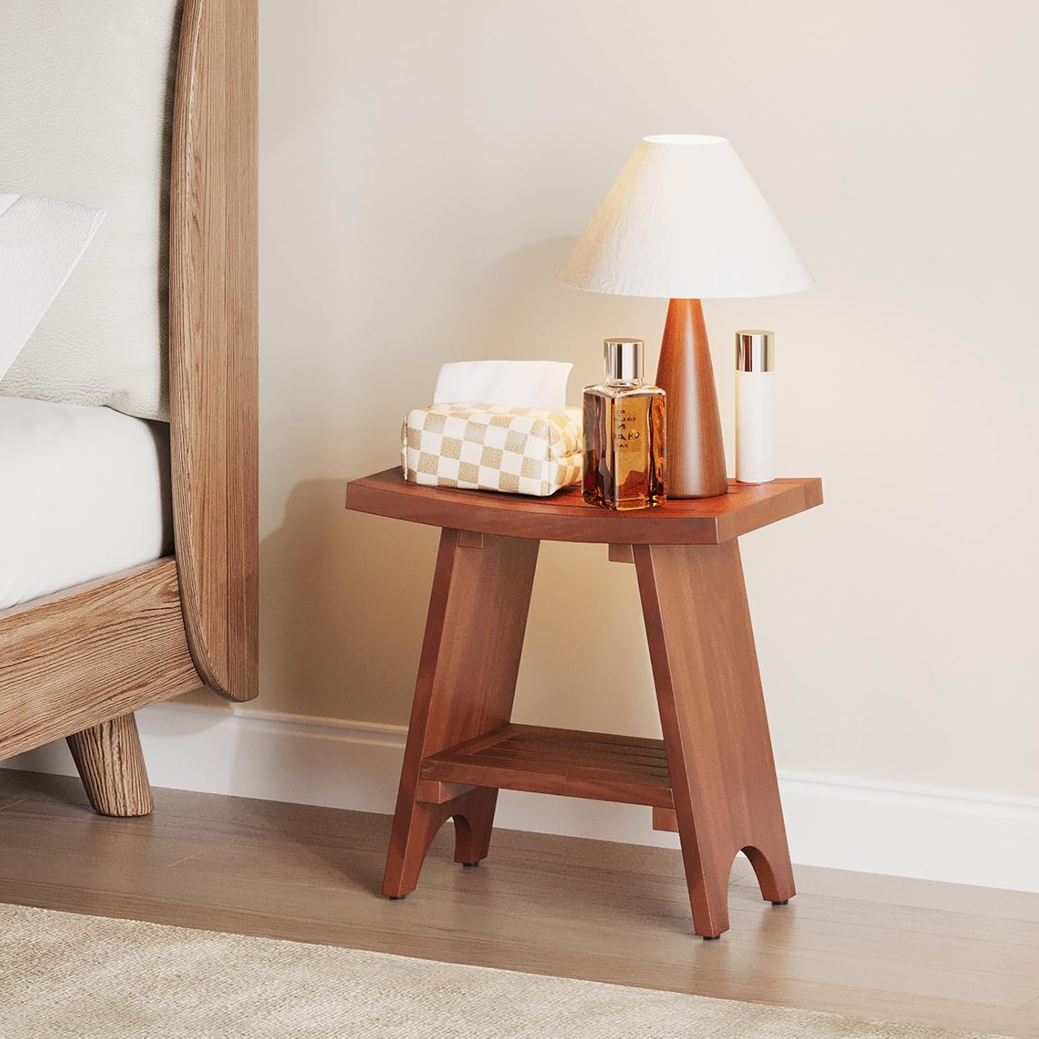 EROMMY Teak Shower Bench with Storage Shelf, 18.3" H Solid Wood Shower Stool, Water Resistant Bathroom Bench, Shower Seat and Shaving Foot Rest for Indoor & Outdoor Use