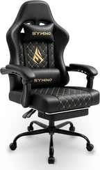 Symino Gaming Chair with Footrest, Linkage Armrests & 10cm Thick Seat, PU Leather Ergonomic Computer Chair, 150° Recline Office Chair, Black