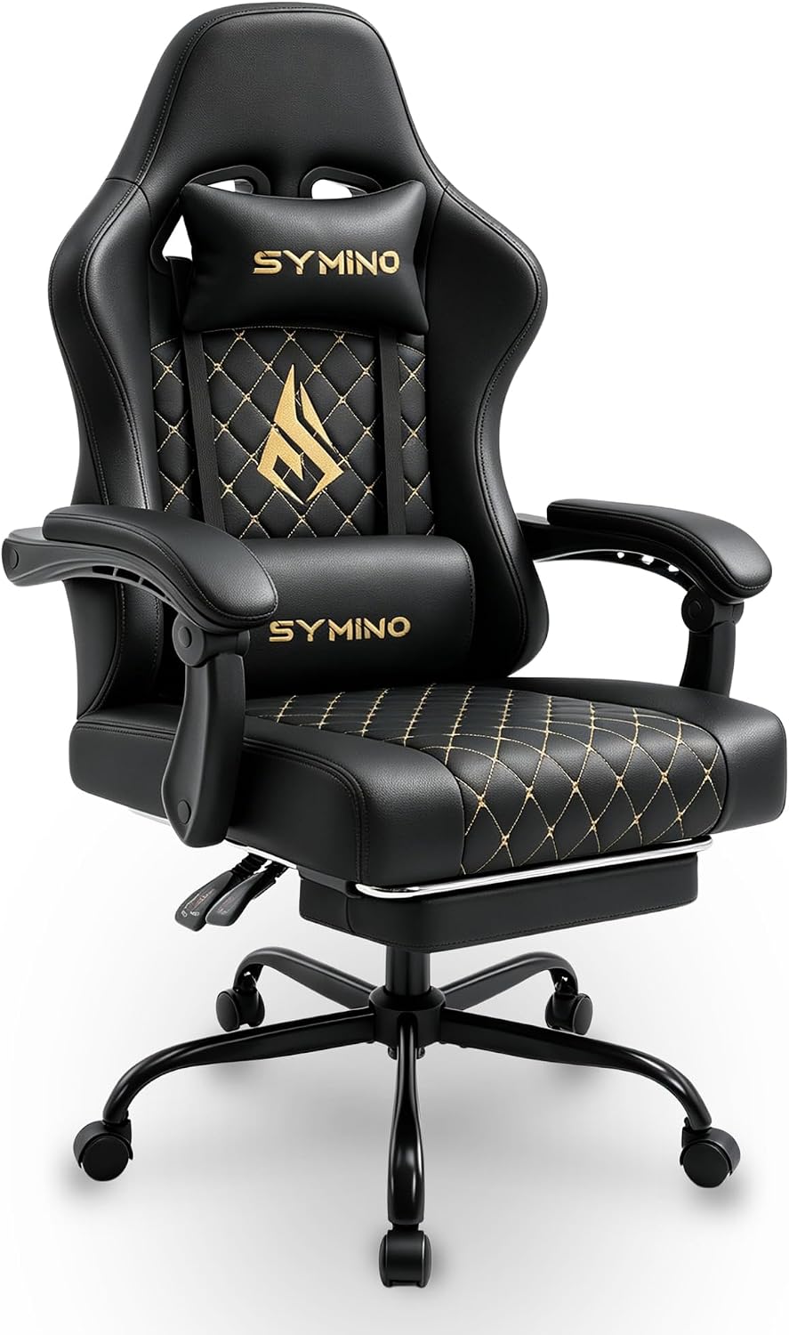 Symino Gaming Chair with Footrest, Linkage Armrests & 10cm Thick Seat, PU Leather Ergonomic Computer Chair, 150° Recline Office Chair, Black
