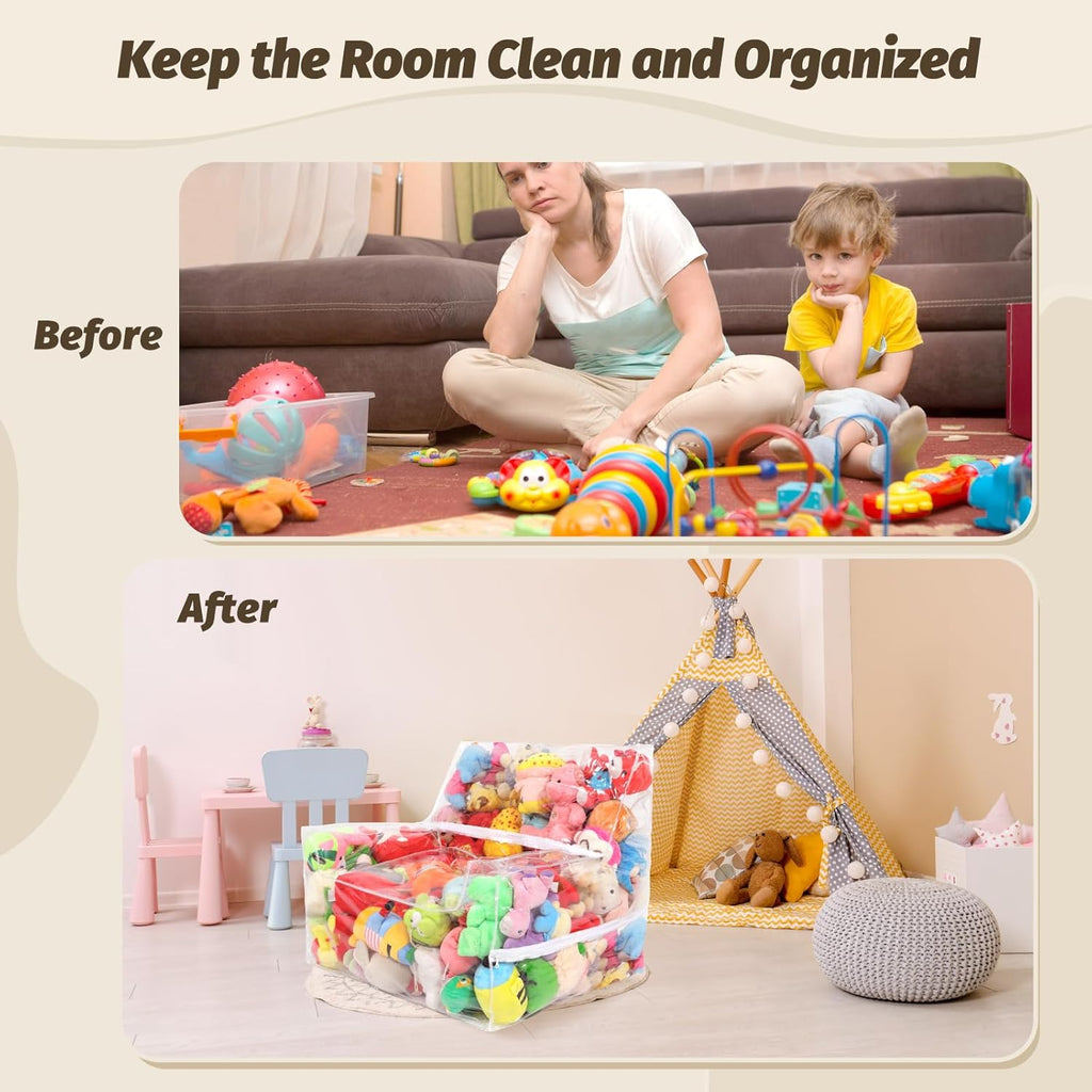 25-inch Clear Bean Bag Chair Cover (No Filler) for Stuffed Animal Storage, 3 Hidden Zippers Toy Organizer, Transparent Material, Plush Storage Toys DIY