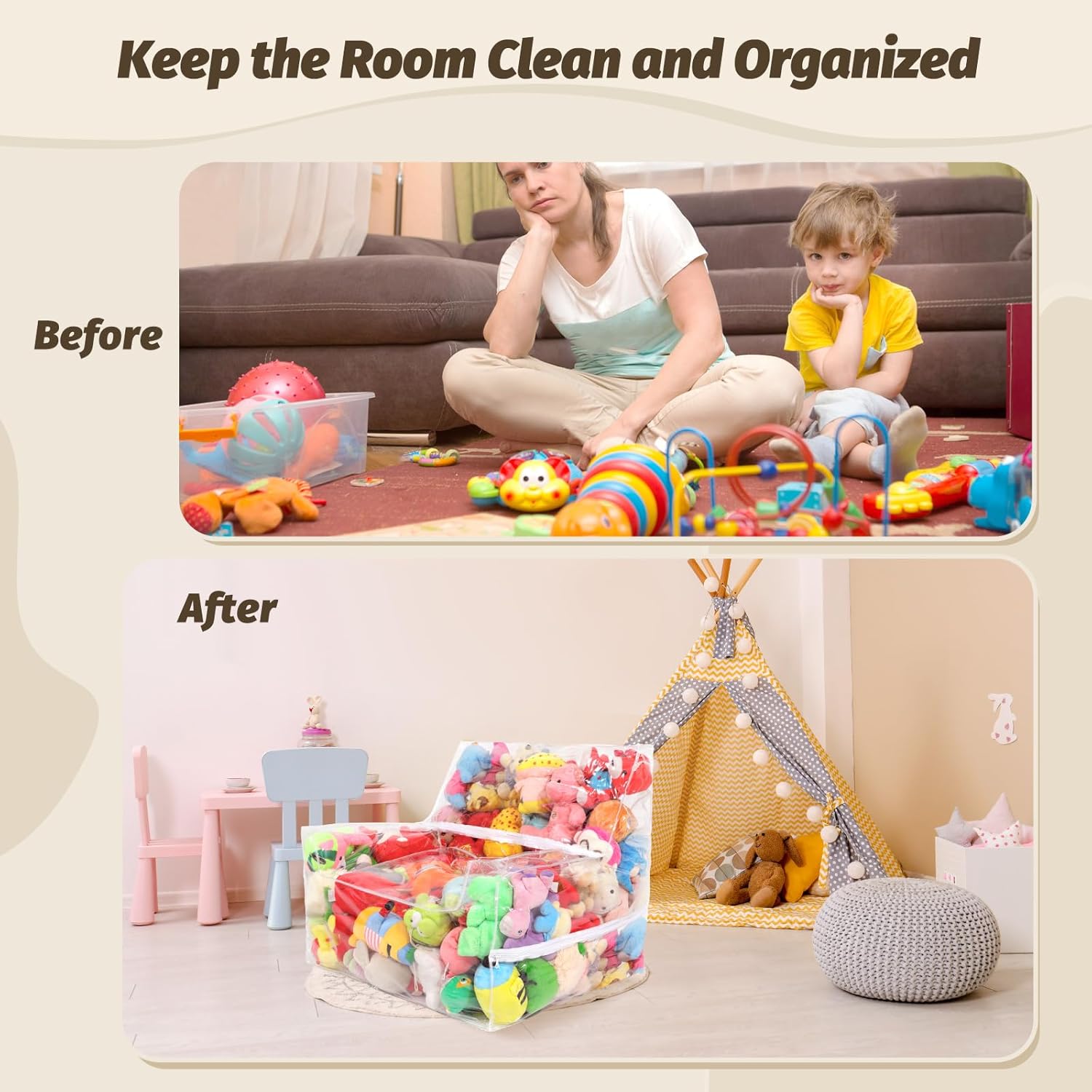 25-inch Clear Bean Bag Chair Cover (No Filler) for Stuffed Animal Storage, 3 Hidden Zippers Toy Organizer, Transparent Material, Plush Storage Toys DIY