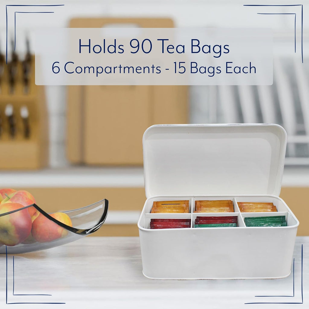 AuldHome Design Farmhouse Tea Bag Box (White), Vintage Retro Style Enamelware Tea Storage Tin