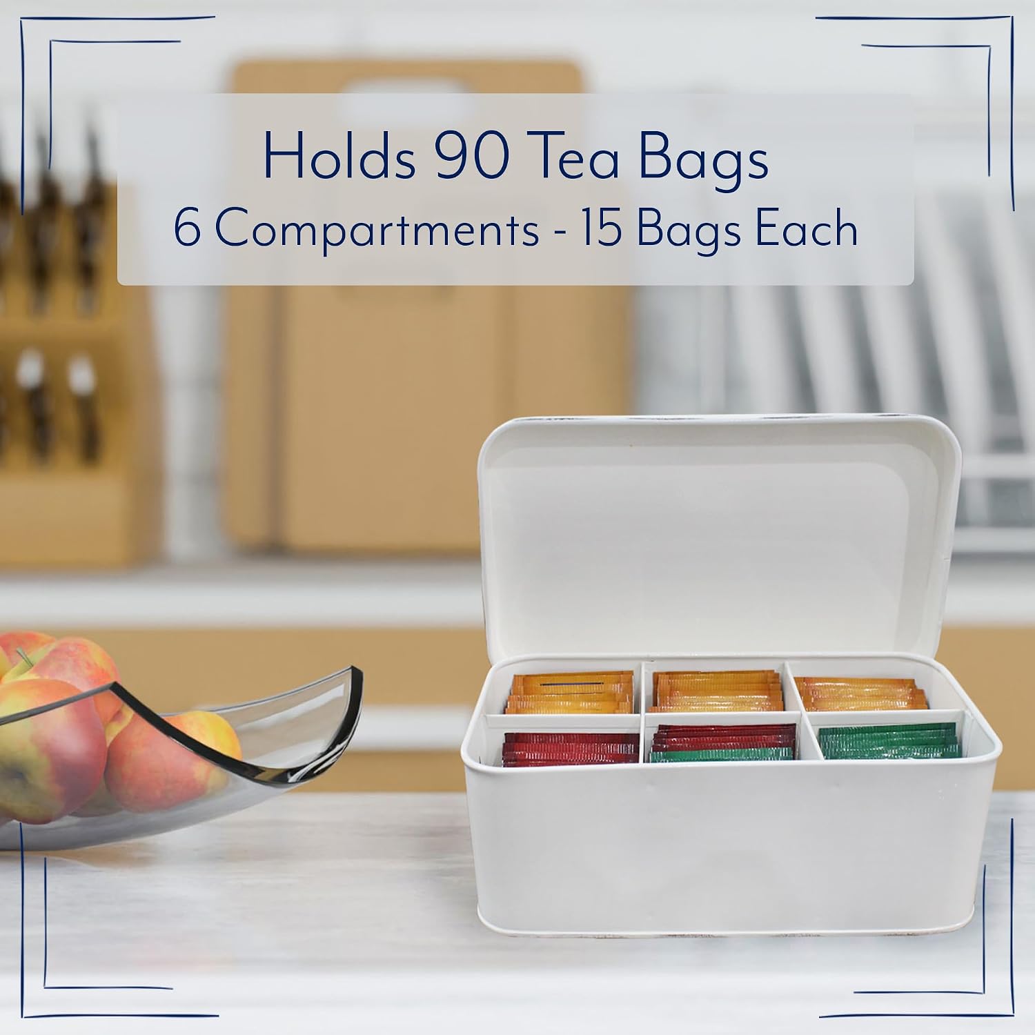 AuldHome Design Farmhouse Tea Bag Box (White), Vintage Retro Style Enamelware Tea Storage Tin