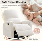 Power Swivel Rocker Recliner, Swivel Glider Nursery Electric Recliner Chair with Lumbar Support, Upholstered Rocking Recling Chairs for Adults Nursery, Living Room, Bedroom, Chenille White