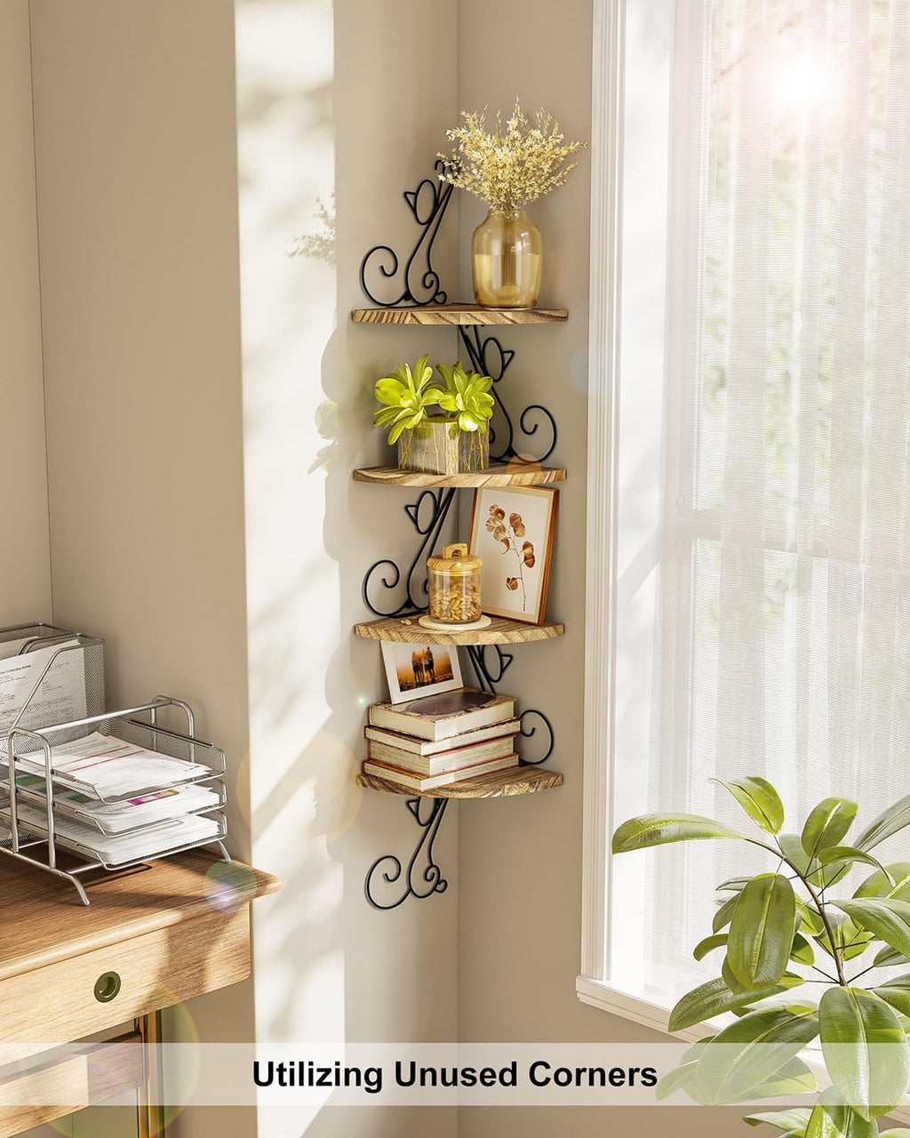 Alsonerbay Wall Mount Corner Shelves 4 Tier Floating Corner Storage Wood Shelves Decorative Rustic Radial Shelf in Cat Shape Carbonized Black