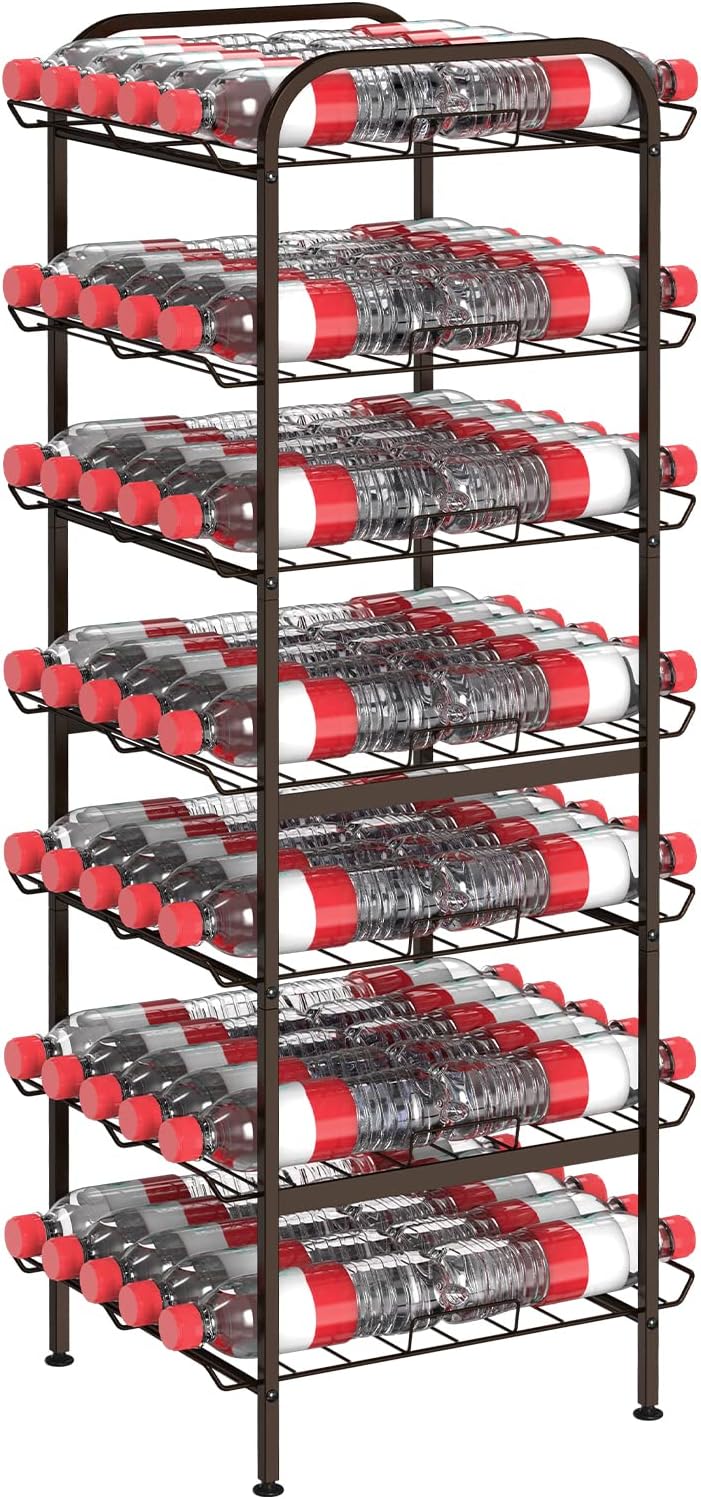 smusei Water Bottle Organizer 7 Tier Free Standing Vertical Metal Water Bottle Rack Shelf Adjustable Water Bottle Beverage Drink Stand Holder for Kitchen Pantry Food Storage, Bronze
