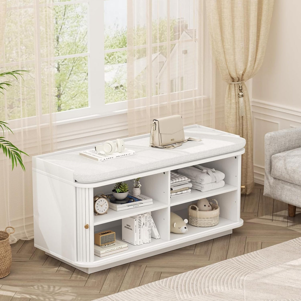 Hall Tree with Bench and Shoe Storage, Entryway Bench with Sliding Door Cabinet, Removable Padded, Metal Wall Hooks and Adjustable Storage Compartments, for Entry, Hallway, Living Room, White