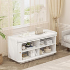 Hall Tree with Bench and Shoe Storage, Entryway Bench with Sliding Door Cabinet, Removable Padded, Metal Wall Hooks and Adjustable Storage Compartments, for Entry, Hallway, Living Room, White