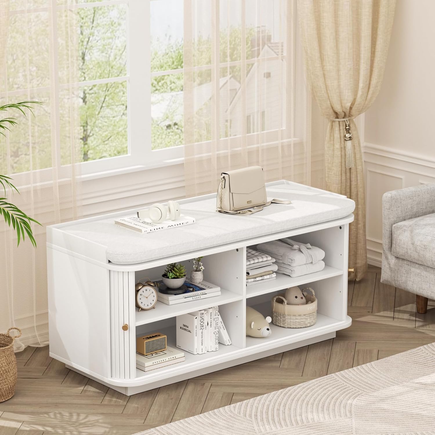 Hall Tree with Bench and Shoe Storage, Entryway Bench with Sliding Door Cabinet, Removable Padded, Metal Wall Hooks and Adjustable Storage Compartments, for Entry, Hallway, Living Room, White