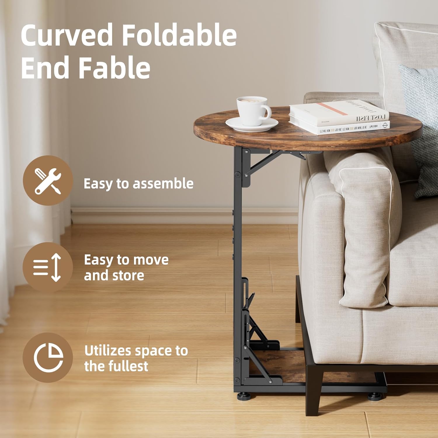 Elbourn Folding Side Table End Couch Tables,Metal Frame C-Shaped TV Stand for Sofa Living Bedroom Bedside Coffee Small Spaces(Vintage Wood Color)