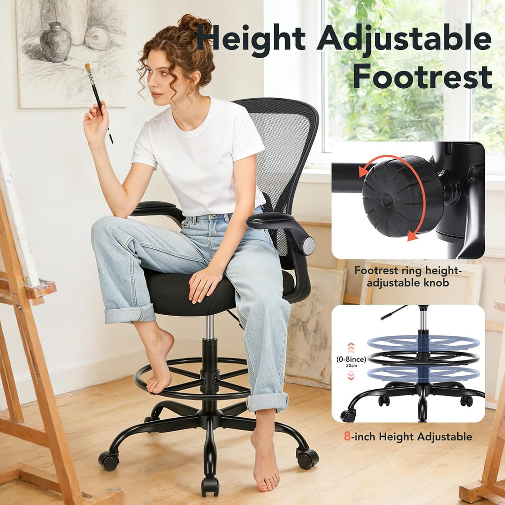 Drafting Chair, Tall Office Chair for Standing Desk, Mesh High Desk Chair with Flip-Up Armrests, Ergonomic Office Chair with Lumbar Support, Adjustable Footrest Ring Studio Chair, Black