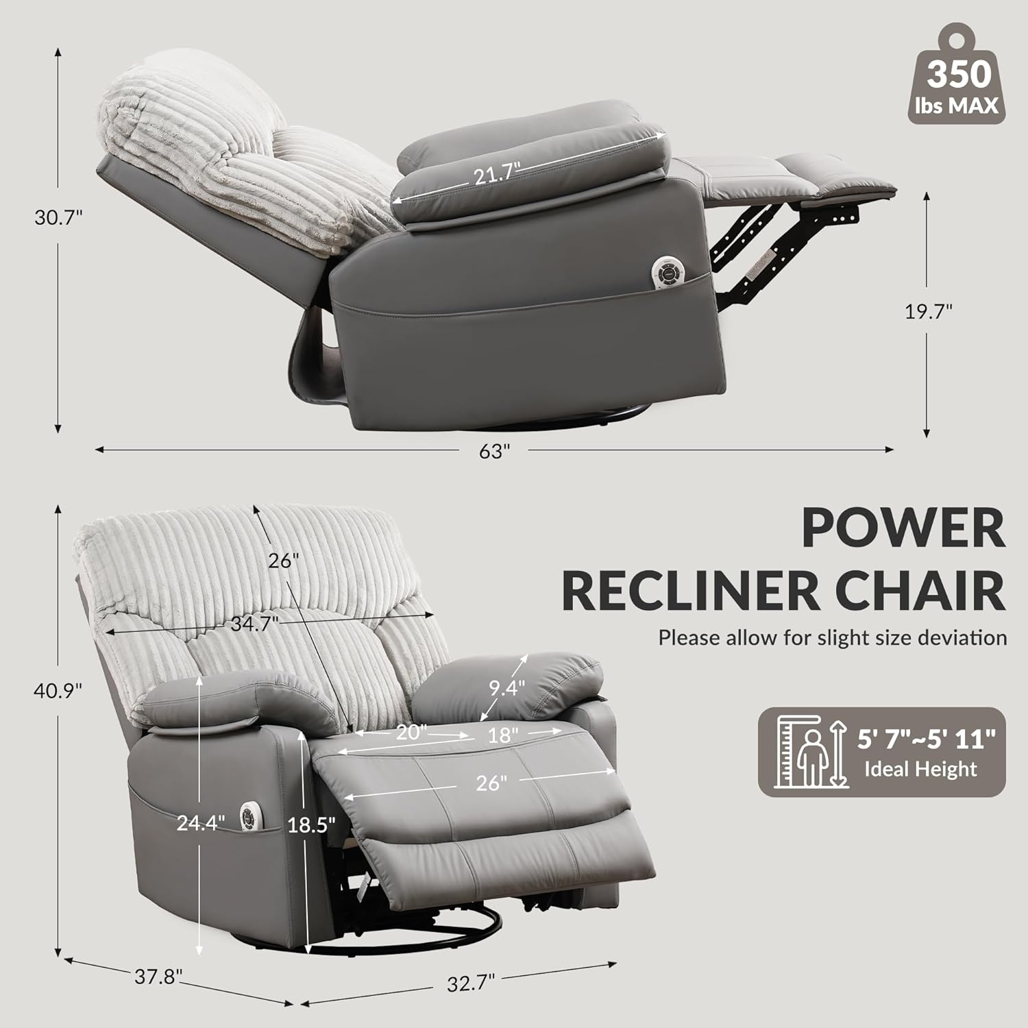 GRAINELL Power Recliner Chair with Massage and Heat, Electric Recliner Nursery Rocking Chairs, USB, Gliding & 270° Swivel Recliner, for Living Room Nursery Chair, Grey