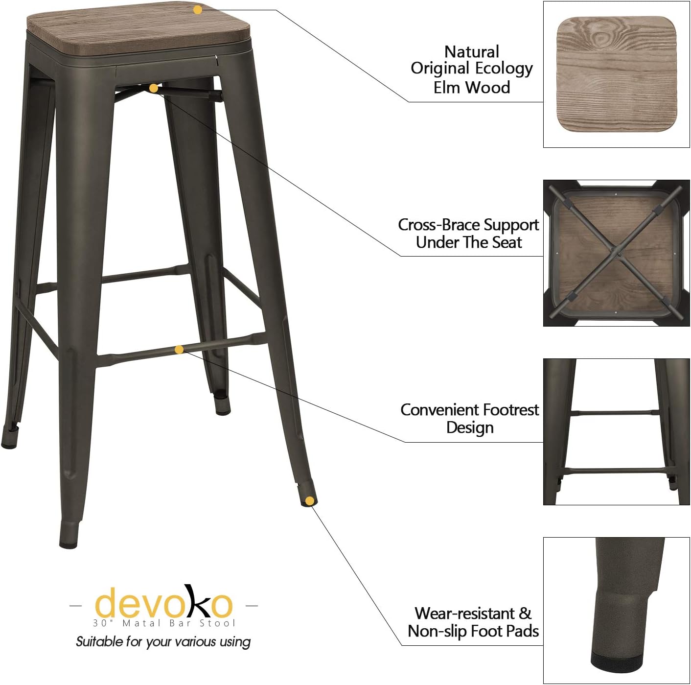 Devoko Metal Bar Stool 30'' Indoor Outdoor Stackable Barstools Modern Industrial Square Wood Top Bar Stools Set of 4 (30 inch, Gun)