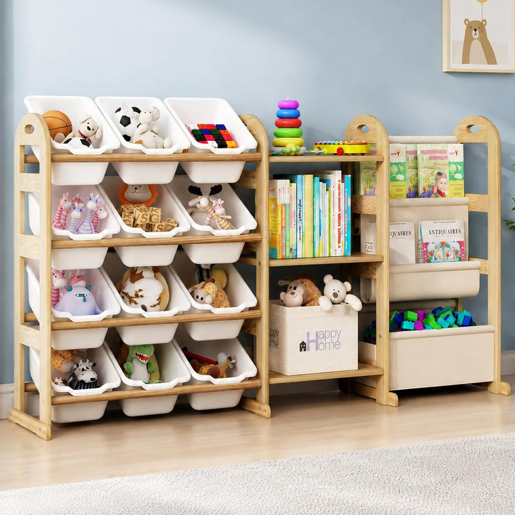 Toy Storage Organizer with 3 Shelves and 12 Bins, 2-Tier Bookshelf/Bookcase with Storage Box, Kids Bin Shelf, Toys Box for Bedroom, Playroom, Organization Room Decor, White