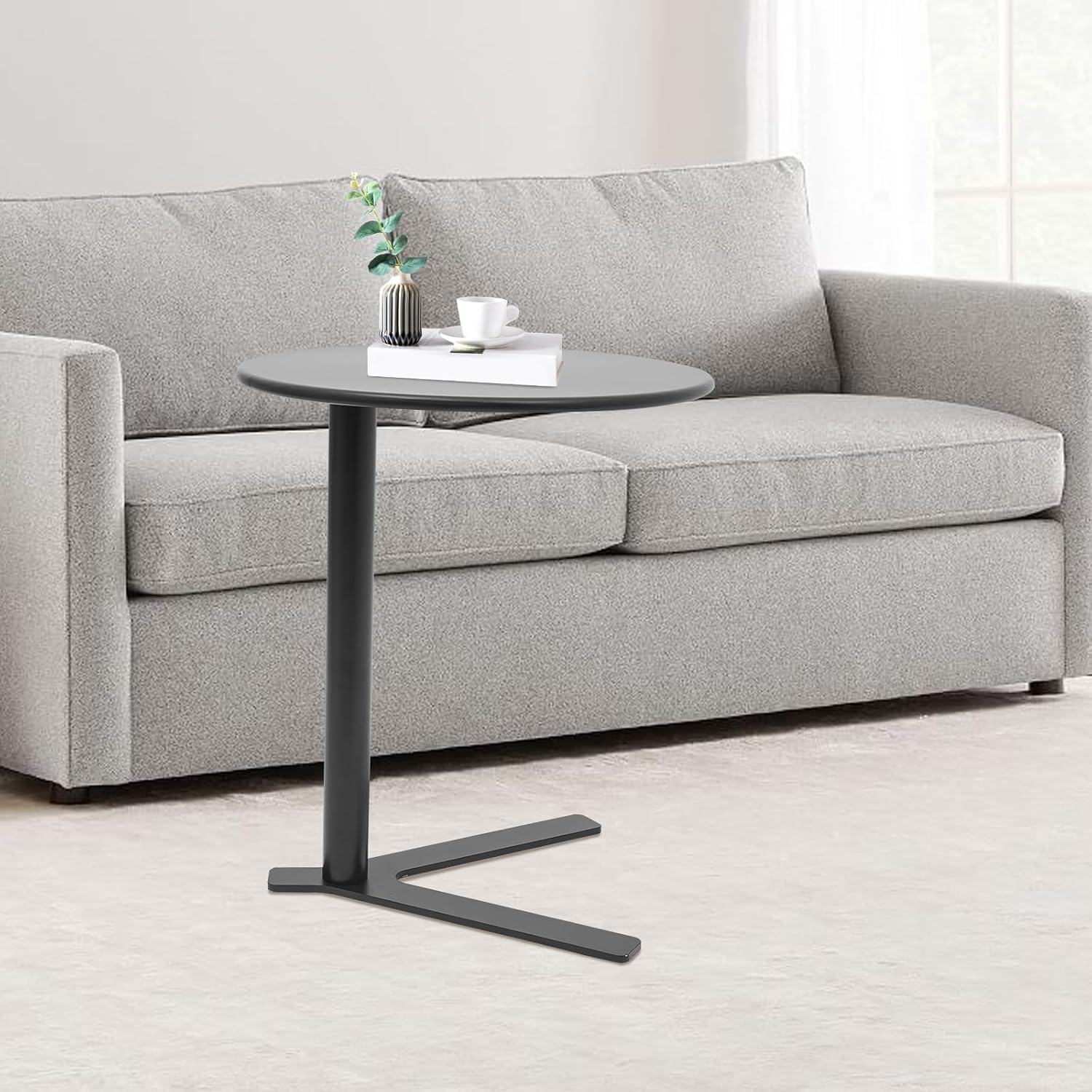 C Shaped End Table, Space Saving Round Sofa Side Tables Couch Table w/ Y-shaped Base, TV Tray Table, Eating Drinking Coffee Table Laptop Desk for Home Living Room Office Bedroom Study Room (Black)