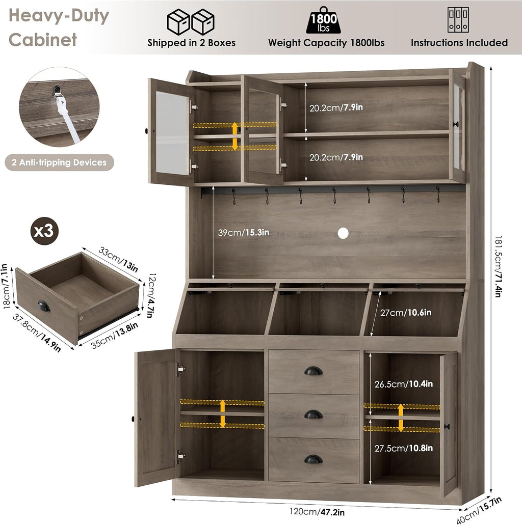 HIFIT 71.4” H Farmhouse Pantry Cabinet with 3 Bread Boxes and 7 Metal Hooks, 47.2” Wide Kitchen Hutch Cabinet with Storage and Glass Doors, Ash Grey