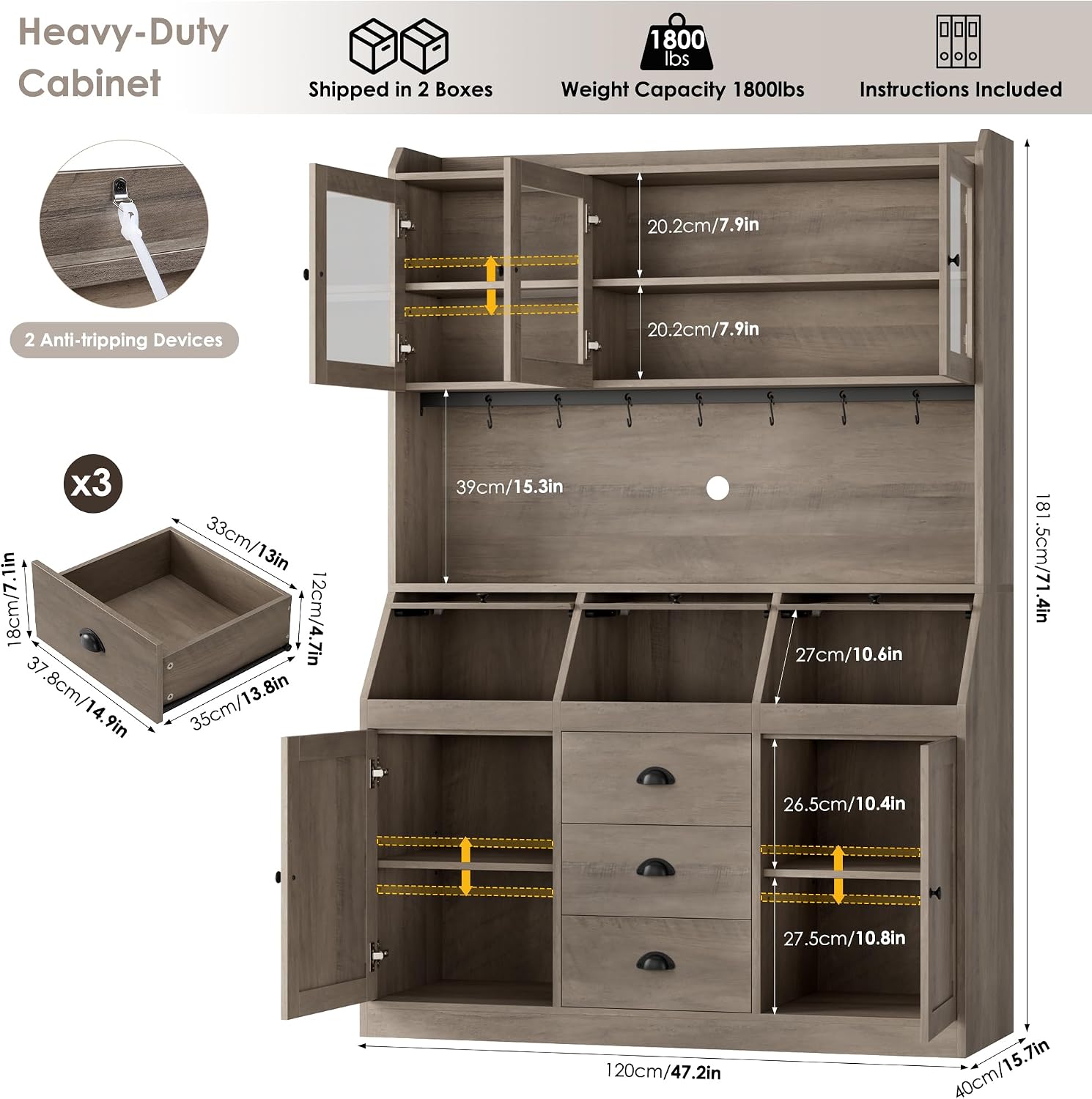 HIFIT 71.4” H Farmhouse Pantry Cabinet with 3 Bread Boxes and 7 Metal Hooks, 47.2” Wide Kitchen Hutch Cabinet with Storage and Glass Doors, Ash Grey