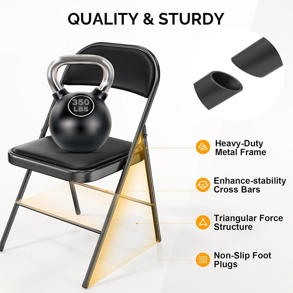 Bonnlo Folding Chair with Comfortable Padded Cushion and Back, Portable Folding Chairs for Outside, Office Events, Weddings, Pu Leather, 4 Black