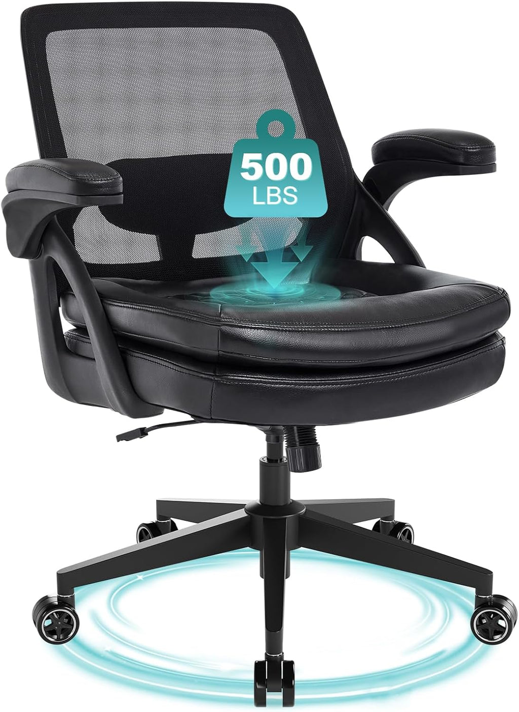 Big and Tall Office Chair, 500lbs Mesh Heavy Duty Ergonomic Desk Chair with Flip-up Armrests, Plus Size Wide Seat in PU Leather, 360 Swivel Computer Executive Task Chair for Home Office (Black)
