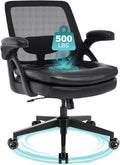 Big and Tall Office Chair, 500lbs Mesh Heavy Duty Ergonomic Desk Chair with Flip-up Armrests, Plus Size Wide Seat in PU Leather, 360 Swivel Computer Executive Task Chair for Home Office (Black)
