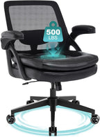 Big and Tall Office Chair, 500lbs Mesh Heavy Duty Ergonomic Desk Chair with Flip-up Armrests, Plus Size Wide Seat in PU Leather, 360 Swivel Computer Executive Task Chair for Home Office (Black)