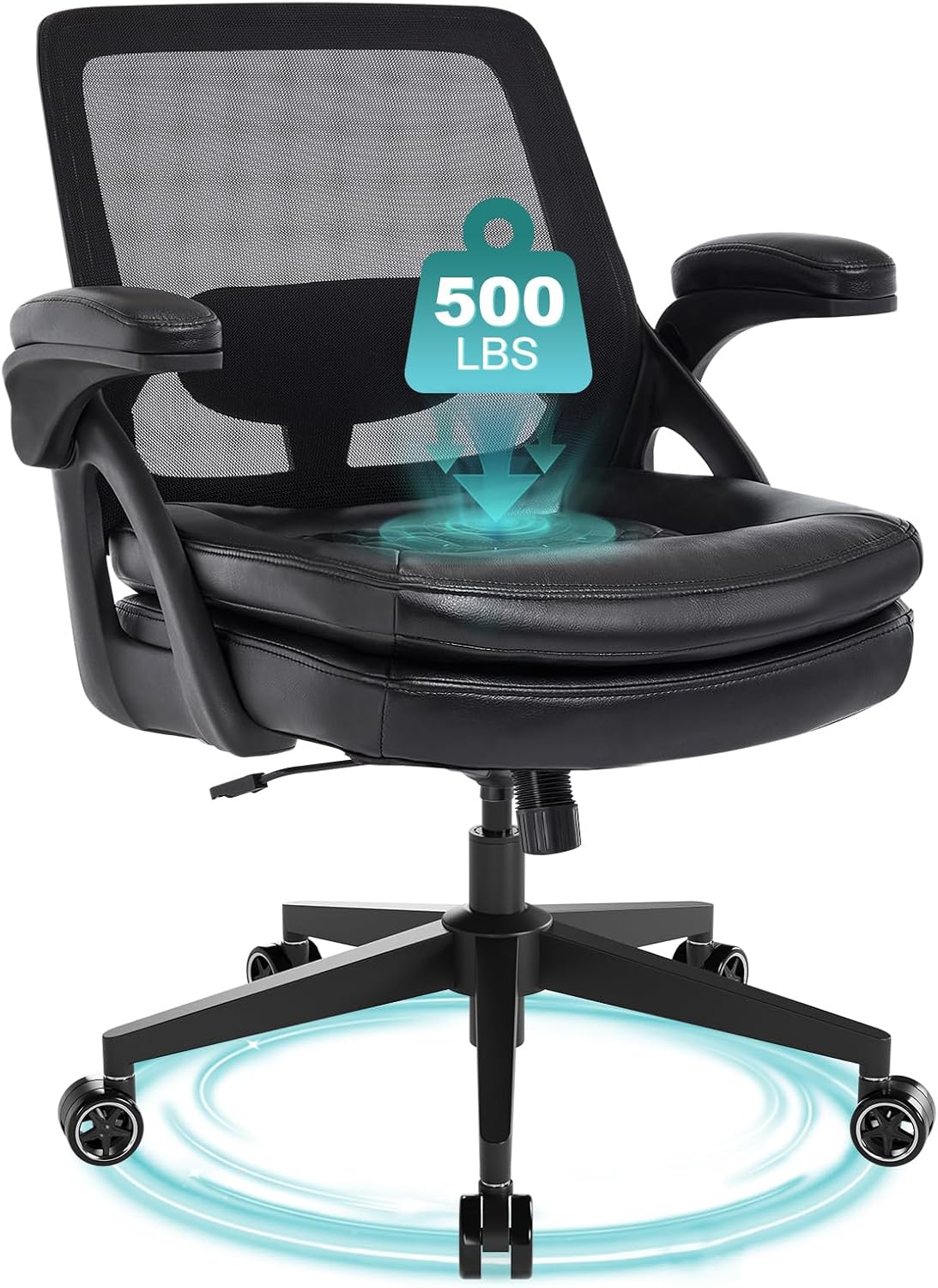 Big and Tall Office Chair, 500lbs Mesh Heavy Duty Ergonomic Desk Chair with Flip-up Armrests, Plus Size Wide Seat in PU Leather, 360 Swivel Computer Executive Task Chair for Home Office (Black)