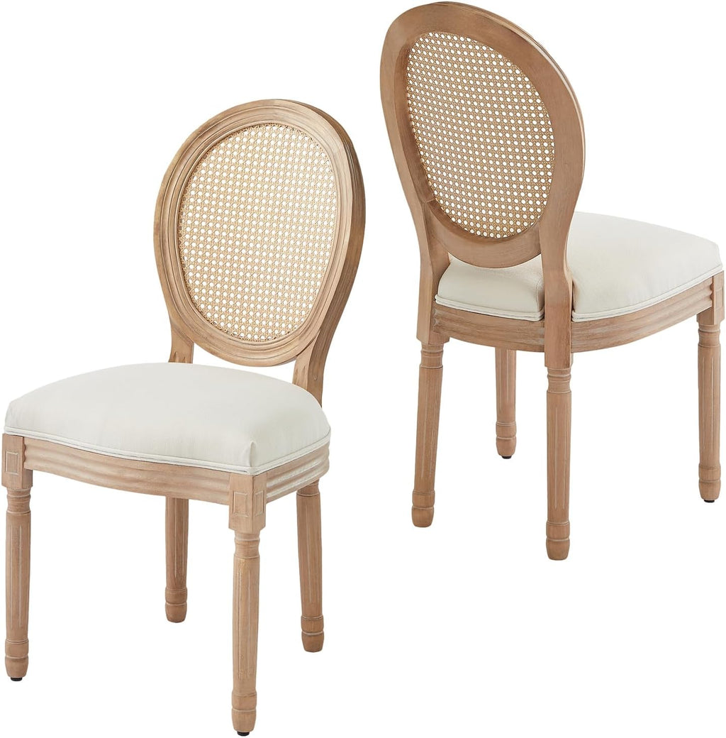 Virabit French Dining Chairs Set of 4, Hand-Woven Rattan Farmhouse Upholstered Dining Chairs with Curved Backrest and Beautifully Carved Solid Wood Frame for Living Room, Kitchen, Restaurant