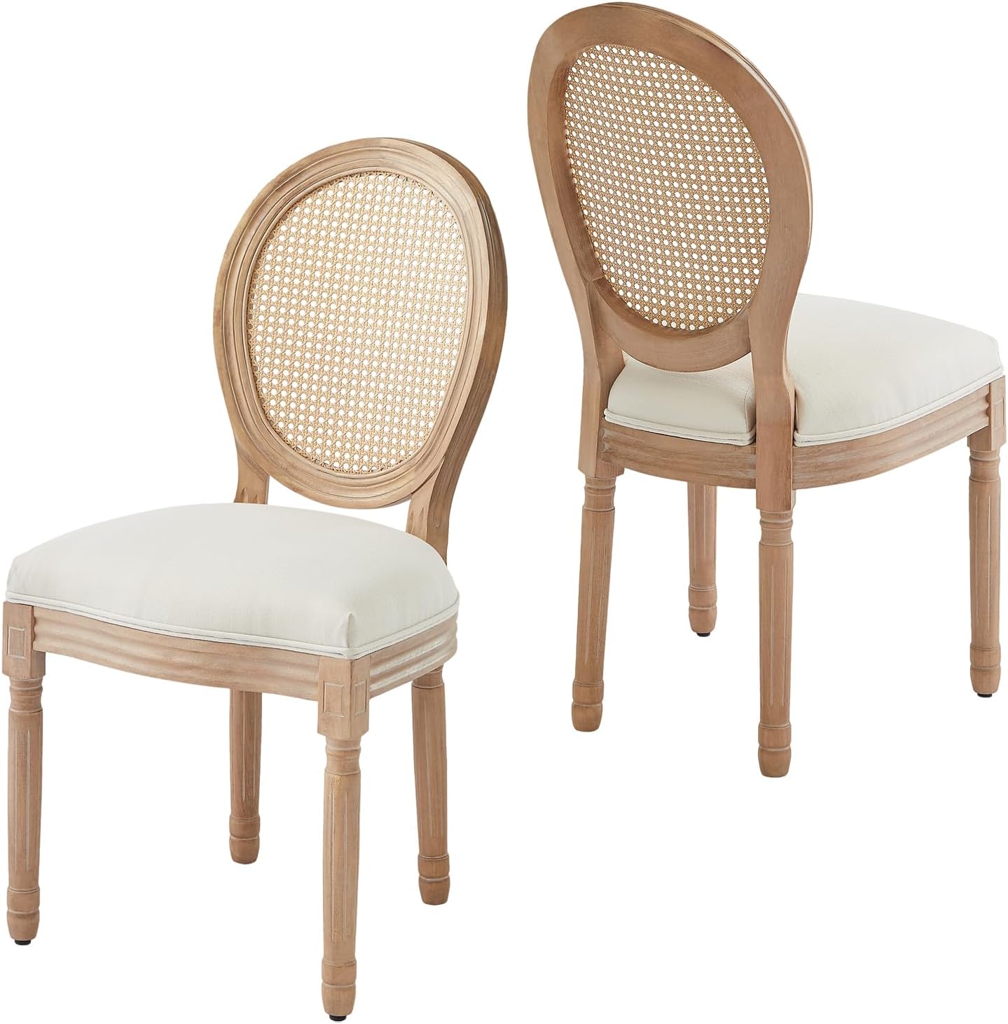 Virabit French Dining Chairs Set of 4, Hand-Woven Rattan Farmhouse Upholstered Dining Chairs with Curved Backrest and Beautifully Carved Solid Wood Frame for Living Room, Kitchen, Restaurant